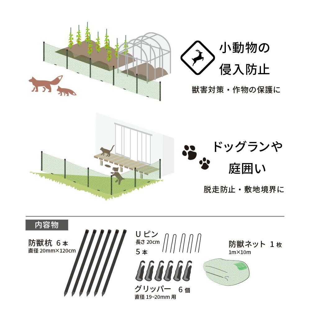 daim 動物よけネット設置セット 90cm×10m【ドッグラン 柵 犬 フェンス 家庭菜園 園芸 動物忌避 用品 猫 犬 除け 避け】