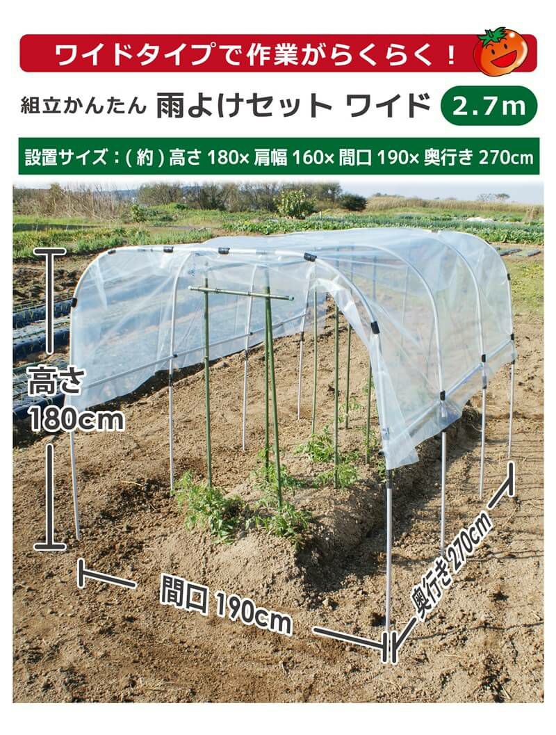 組み立てかんたん雨よけセットワイド奥行き2.7mトマトの雨よけに【雨よけ雨除けトマト栽培家庭菜園】