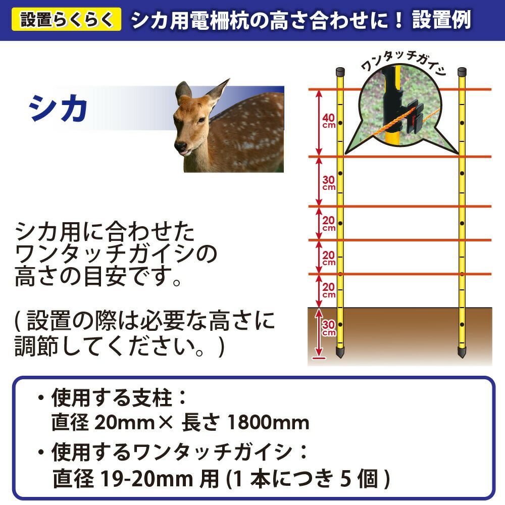 daim シカ用ガイシ5個付電柵杭 直径20mm×1800mm 40本