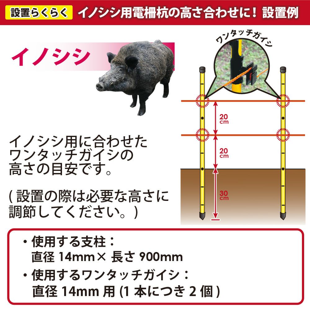 daim イノシシ用ガイシ2個付電柵杭 直径14mm×900mm